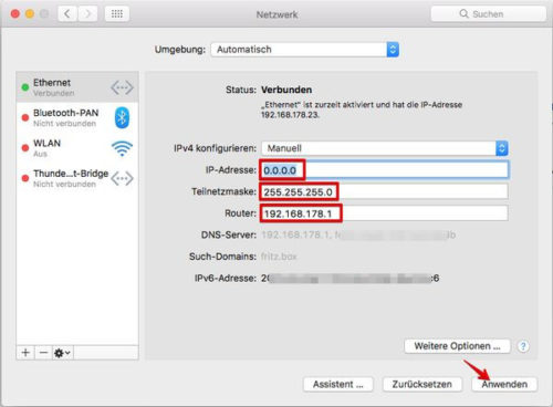 manuelle IP Adresse für den Mac fest einstellen