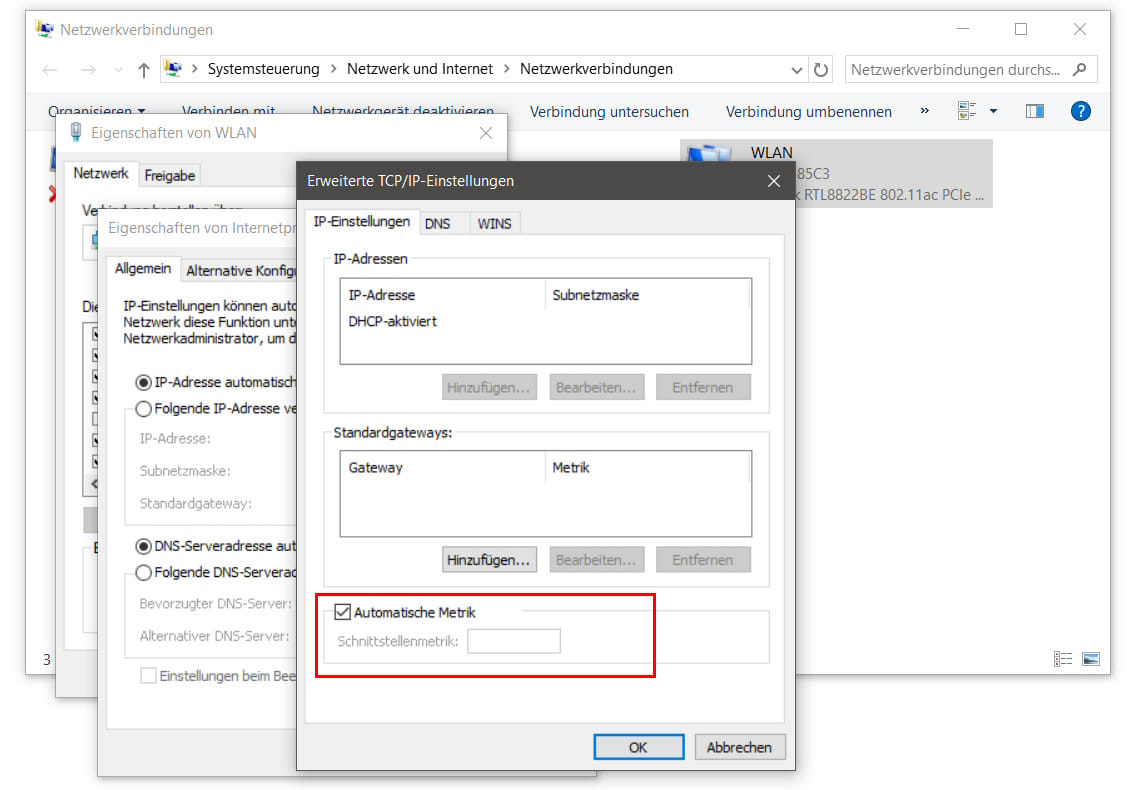 NetzwerkPriorität der LAN und WLANVerbindung einstellen