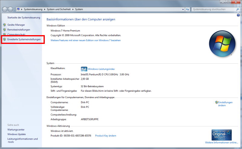 Erweiterte Systemeinstellungen Windows 7