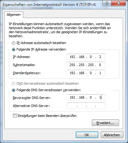 IP-Adresse 192.168.0.1 als Standardgateway