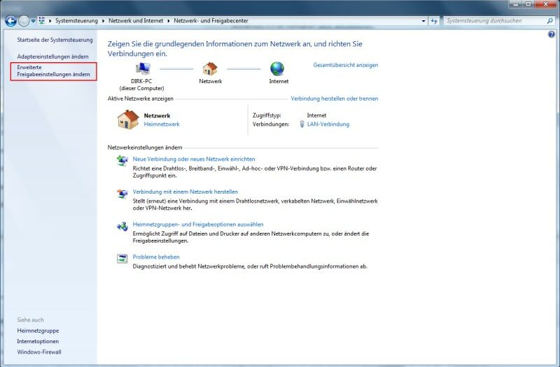 Windows 7 Netzwerk- und Freigabecenter