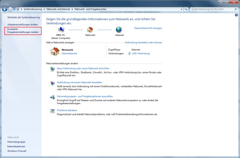 Windows 7 Netzwerk- und Freigabecenter