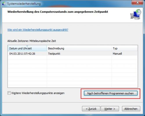 Systemwiederherstellung Wiederherstellungspunkt wählen