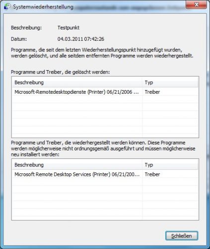 Systemwiederherstellung Liste der betroffenen Programmen