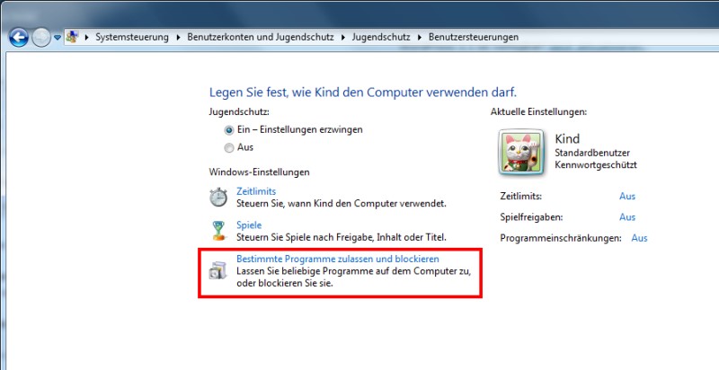 Windows 7 Einstellungen Jugendschutz