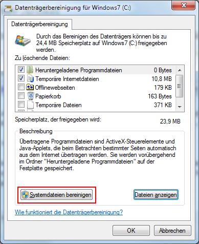 Windows 7 Datenträgerbereinigung Systemdateien