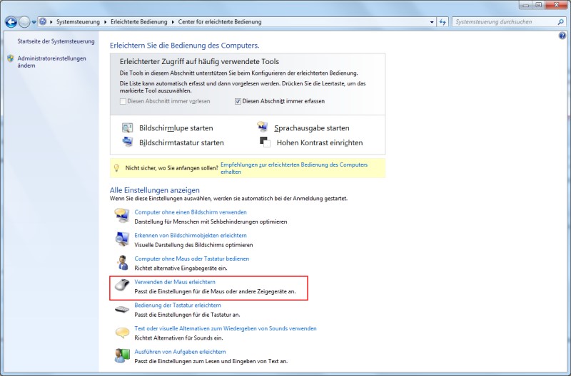 Windows 7 Center für erleichterte Bedienung