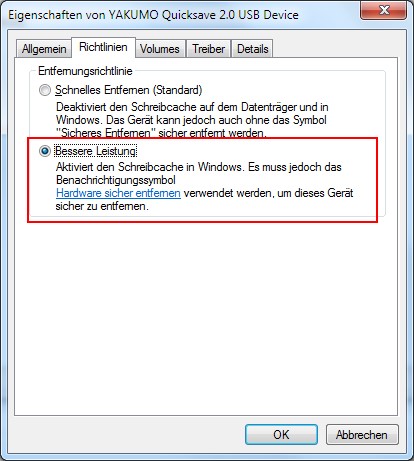 Schreibcache bei USB-Laufwerken aktivieren