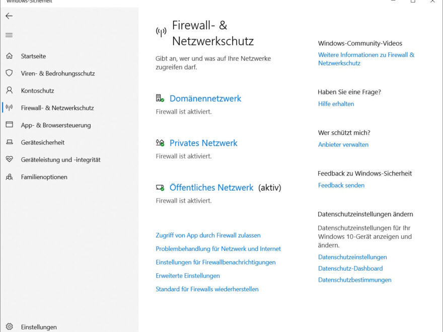 Screenshot Windows Firewall Einstellungen