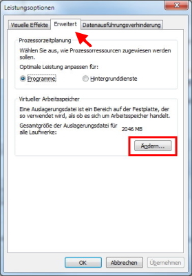 Windows 7 Leistungsoptionen virtueller Arbeitsspeicher