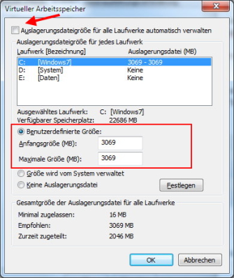 Windows 7 Größe Auslagerungsdatei optimal einstellen