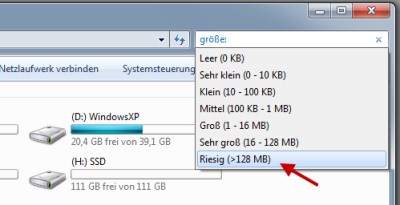 Windows 7 Suche nach Datei-Größe