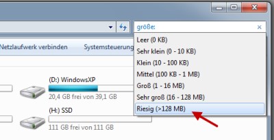 Windows 7 Suche nach Datei-Größe Windows 7 Suche nach Datei-Größe