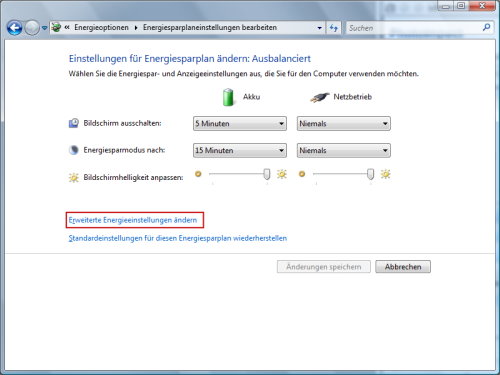 Energiesparplan Einstellungen ändern