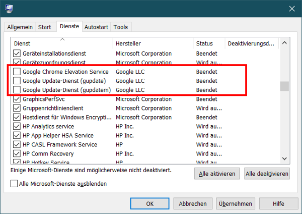 Chrome Updates deaktivieren durch Abschalten der Dienste in msconfig