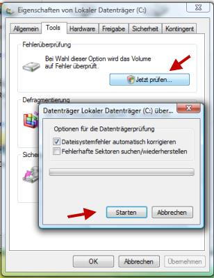 Überprüfung der Festplatte starten