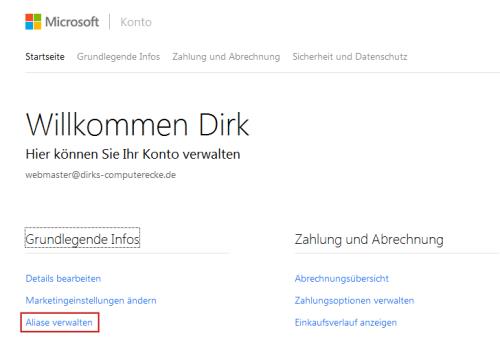 Microsoft-Konto Aliase verwalten