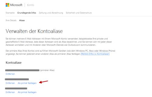 Alias anlegen im Microsoft Konto