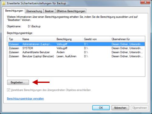 erweiterte Sicherheitseinstellungen eines Ordners