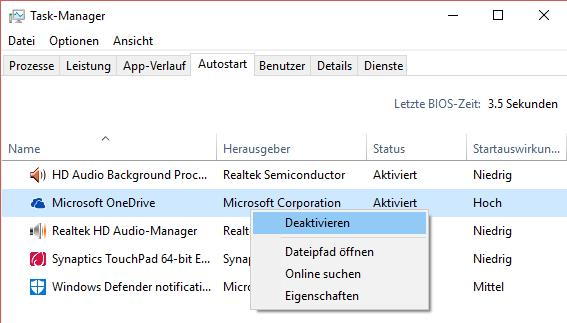 Autostart von Programmen bei Windows 10 deaktivieren
