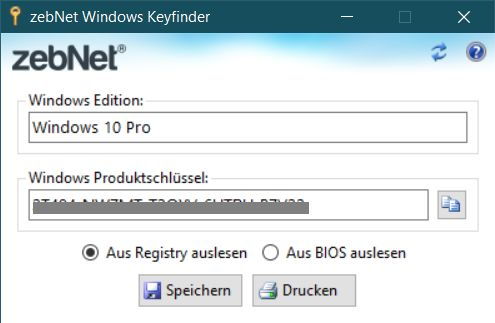 Windows 10 Key auslesen mit dem zebNet Windows Keyfinder