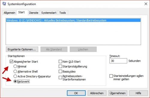 abgesicherter Modus über msconfig