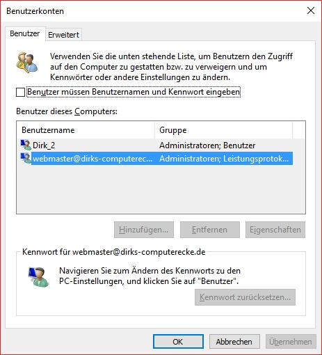 vorhandene Benutzerkonten für das Autologin