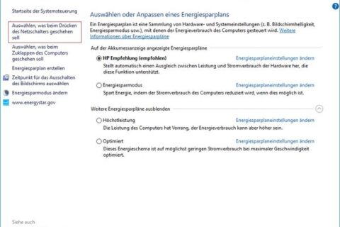 Ruhezustand aktivieren in den Energieoptionen