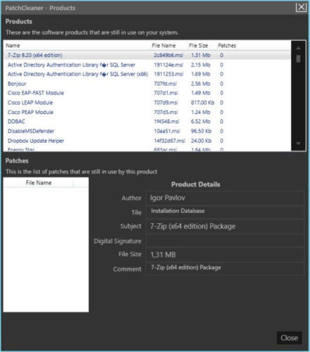 PatchCleaner Übersicht der Installer Dateien