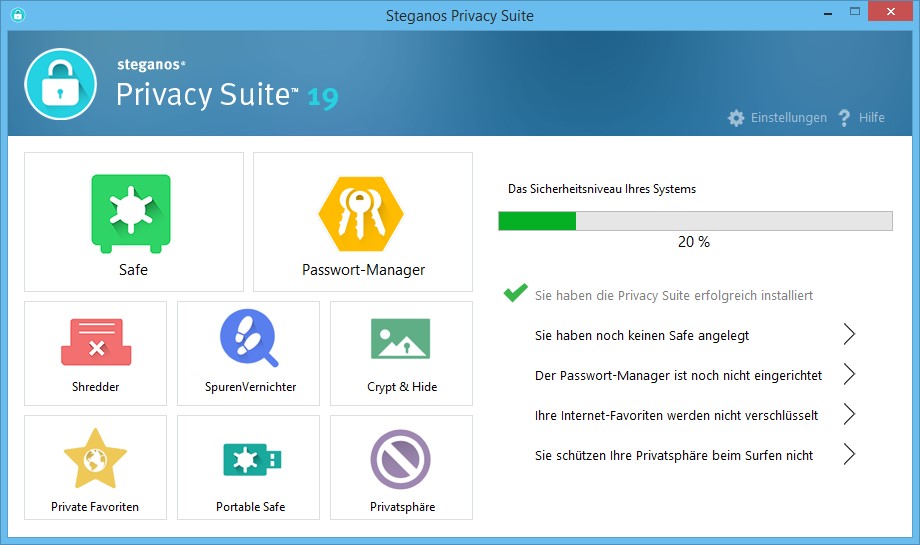 Steganos Privacy Suite 19 Startbildschirm
