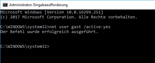 Gastkonto aktivieren über die Eingabeaufforderung