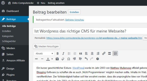 Blick in das WordPress Dashboard