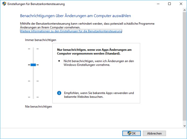 Einstellung der Benutzerkontensteuerung - Stufen anpassen