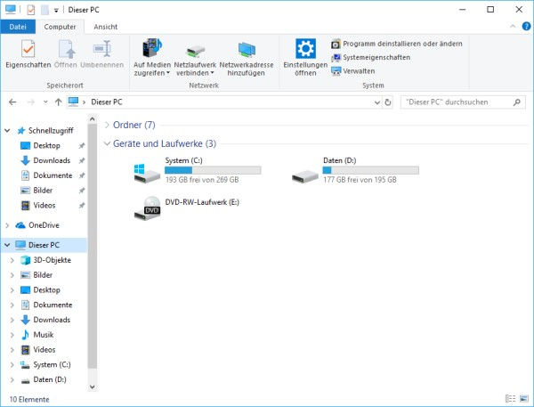 Datenträgerbereinigung Ansicht Laufwerke im Explorer