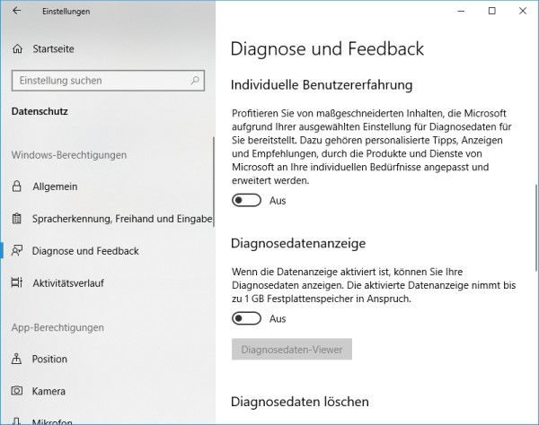 Windows 10 Diagnosedaten deaktivieren - weitere Einstellungen