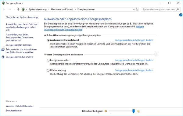 Energiesparplan Energiesparmodus und Höchstleistung wiederhergestellt