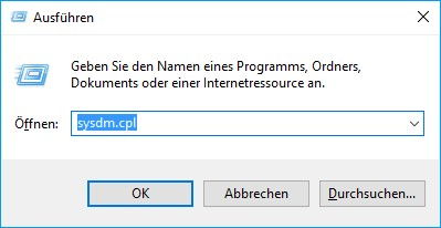 Auslagerungsdatei Größe ändern - sysdm.cpl aufrufen