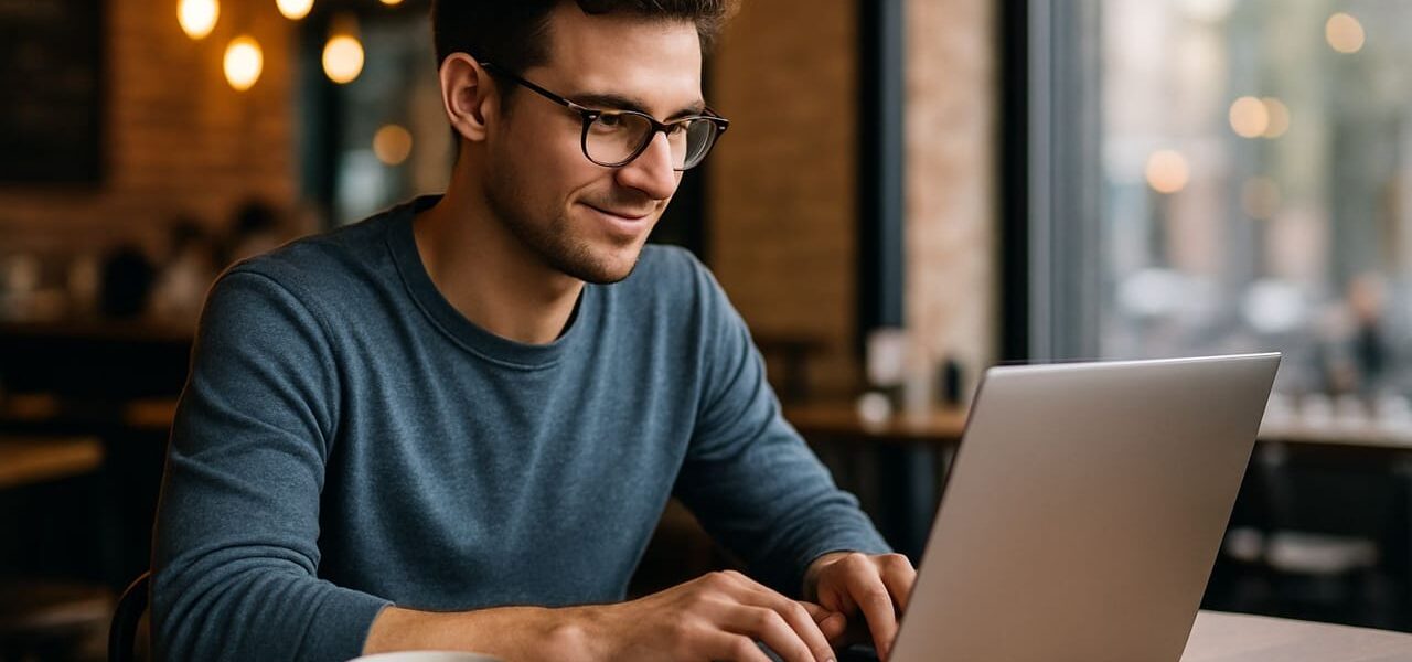 Person nutzt Laptop in einem Café bei Tageslicht