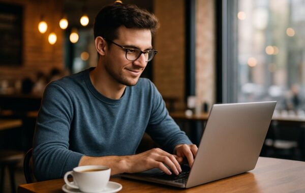 Person nutzt Laptop in einem Café bei Tageslicht