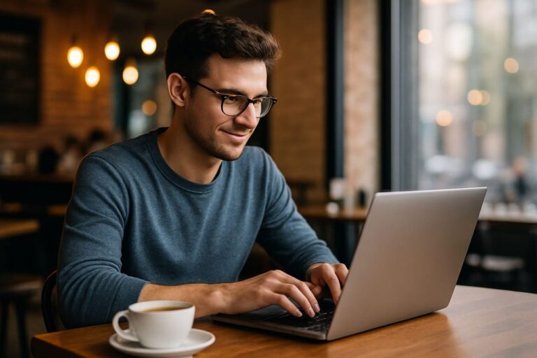 Person nutzt Laptop in einem Café bei Tageslicht