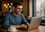 Person nutzt Laptop in einem Café bei Tageslicht