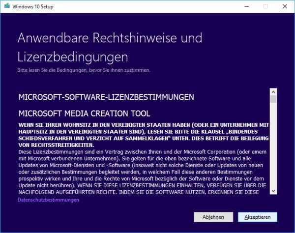 media creation tool 1 Media Creation Tool rechtliche Hinweise annehmen