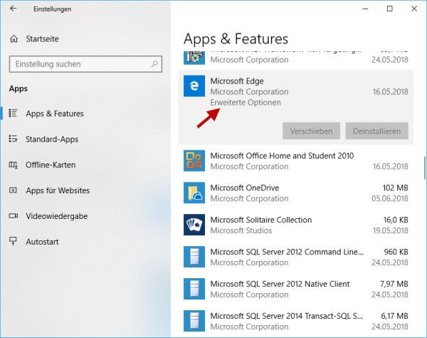 Microsoft Edge reparieren - Apps & Features