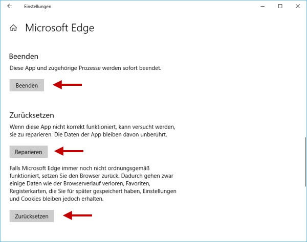 Microsoft Edge Browser beenden, zurücksetzen oder reparieren