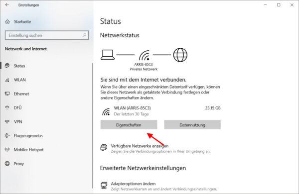 Netzwerkstatus unter Windows: WLAN-Verbindung und Eigenschaften öffnen