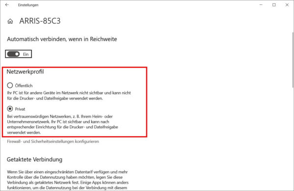 Windows Einstellungen: Netzwerkprofil auf privat oder öffentlich setzen