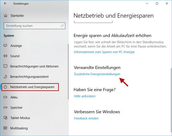 Einstellungen Netzbetrieb und Energiesparen