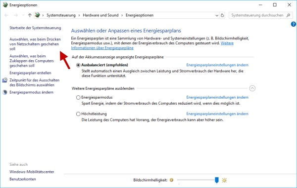 Energieoptionen unter Windows 10
