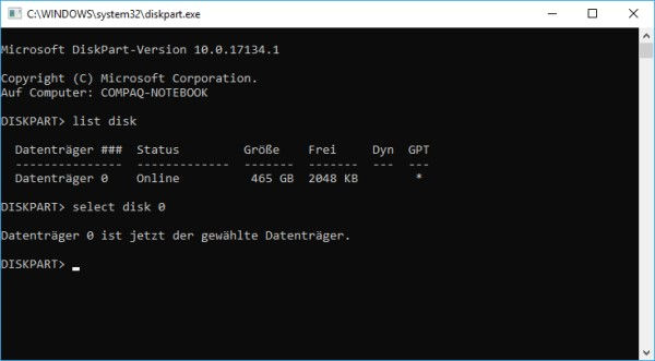 Diskpart Datenträger auswählen