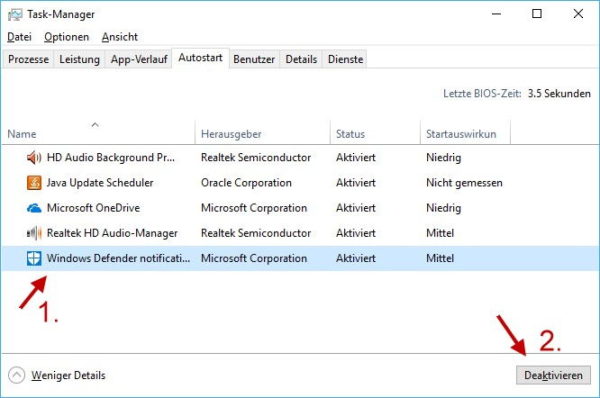 Windows Defender Icon für aktuellen Benutzer im Task-Manager ausblenden oder einblenden